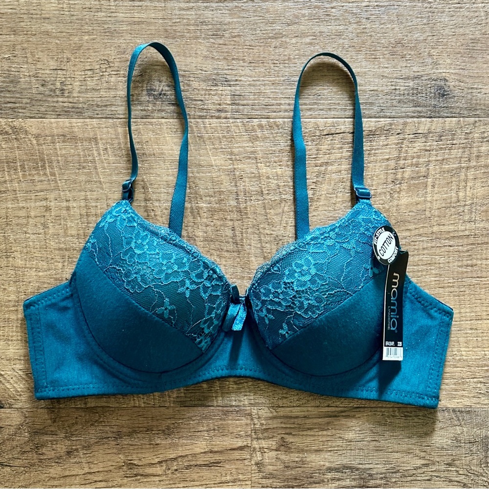 Mamia Blue cotton & Lace Underwire Bra New with tags size 32B